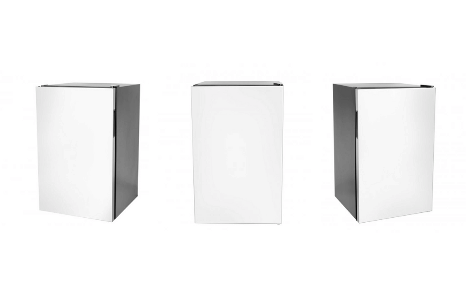 three outdoor refrigerators lined up with white backdrop